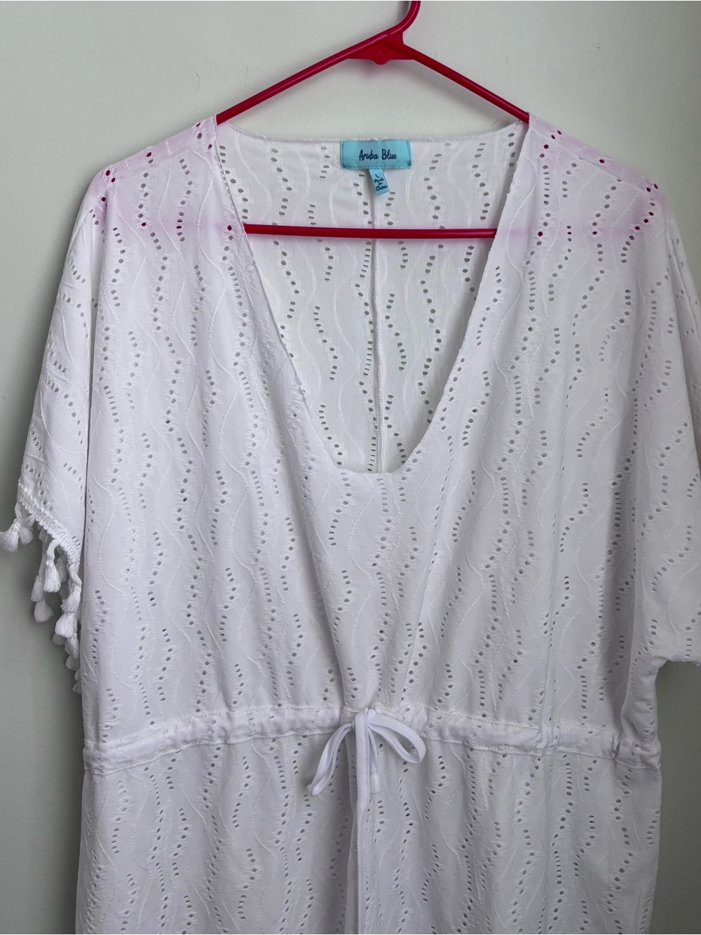 Aqua Blu White Eyelet V-Neck Swim Coverup with Tassel Trim - Picture 2 of 5